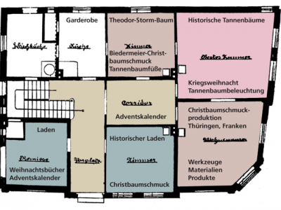Grundriss mit Raumbeschreibungen im Parterre des Weihnachtshaus Husum